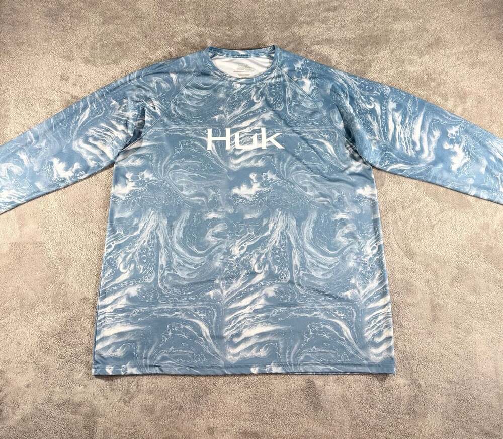 Huk Pursuit Stone Shore Long Sleeve Fishing Shirt Size XXL Blue Marble Waves